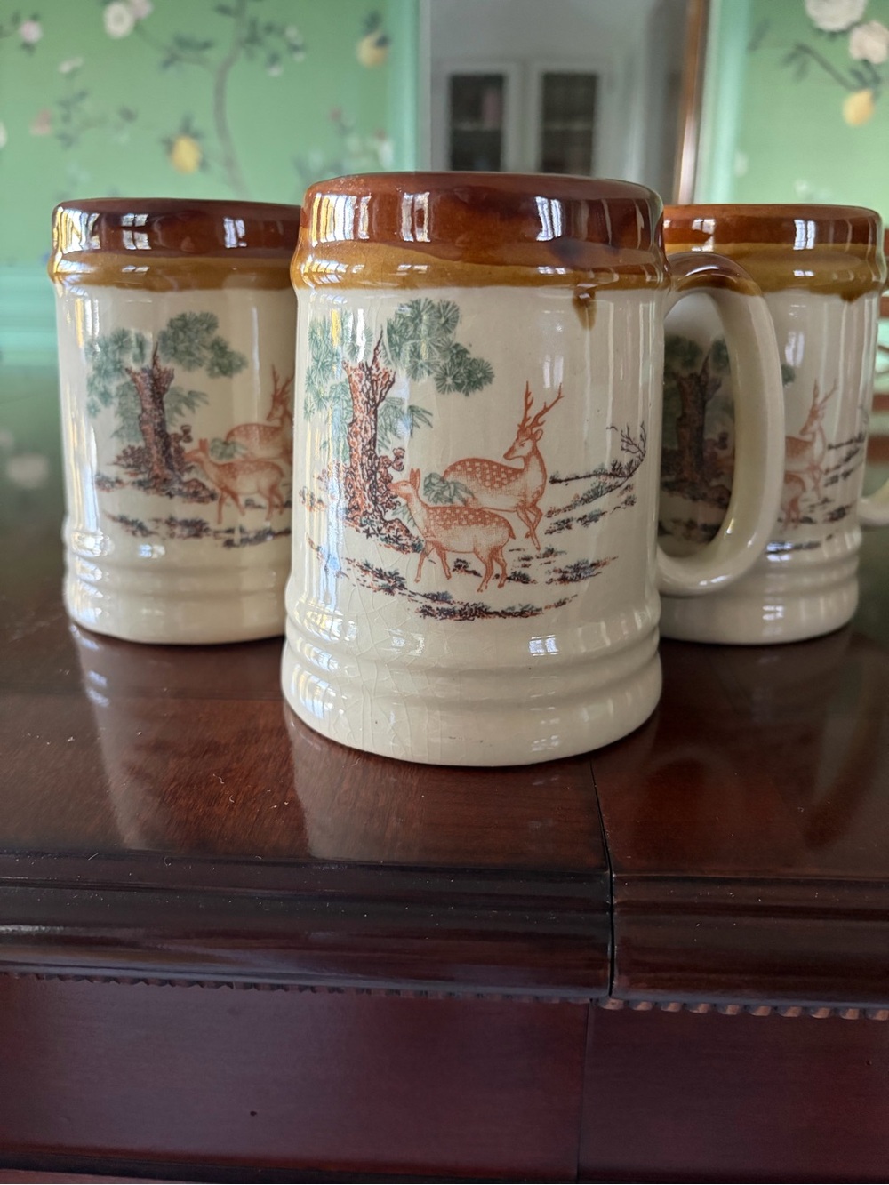 Vintage ceramic transferware deer woodland tankard mugs